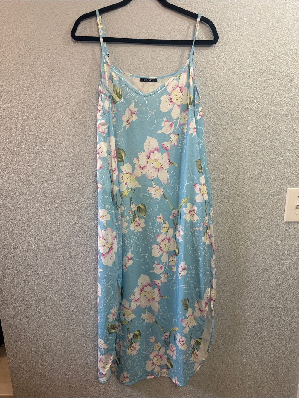 Light Blue Floral Maxi Dress with Pink Blossoms